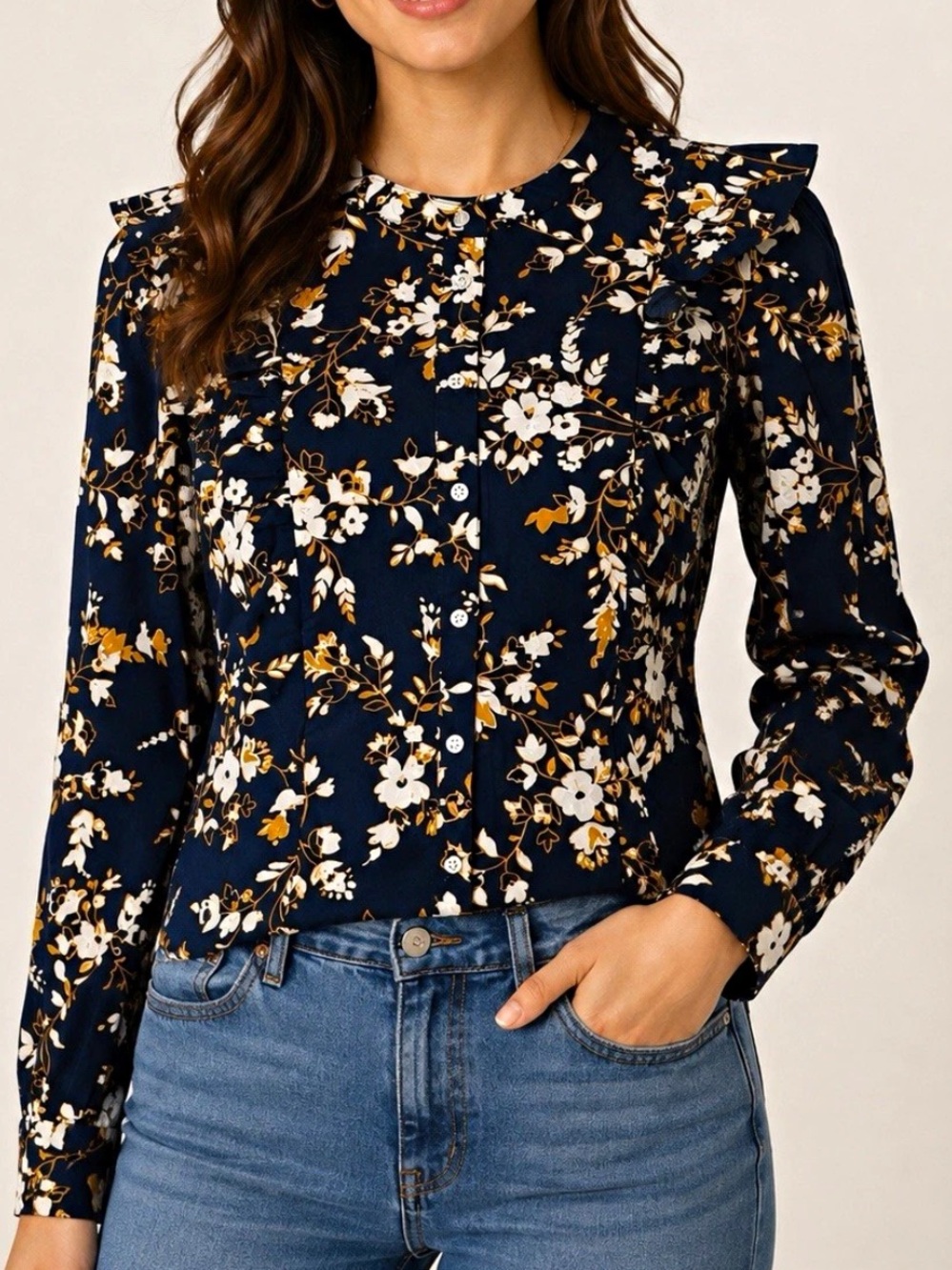 J.Crew BM013 Women’s Large Navy Floral Cotton Poplin Ruffle Button Front Blouse